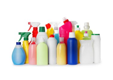 Set of different cleaning supplies and tools on white background