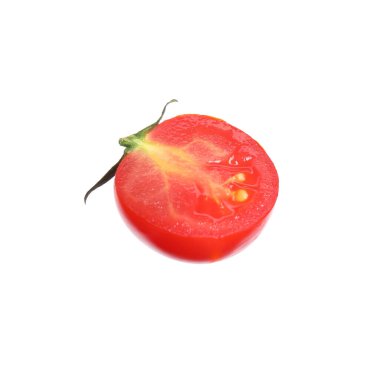 Half of fresh ripe cherry tomato on white background