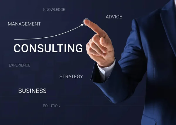 Consulting Concept Man Pointing Arrow Virtual Screen Closeup —  Fotos de Stock