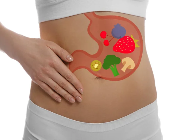 Woman Image Stomach Full Food Drawn Her Belly White Background —  Fotos de Stock