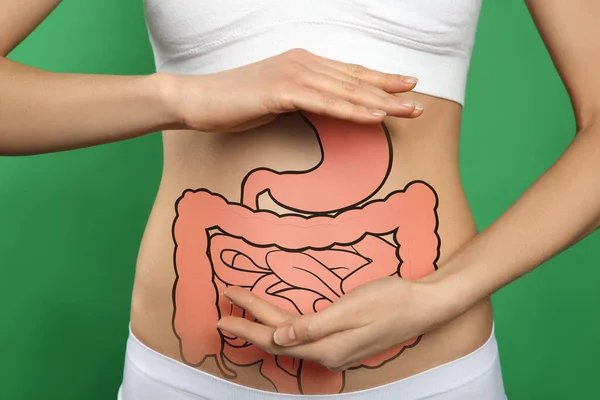 Woman Image Healthy Digestive System Green Background Closeup — Zdjęcie stockowe