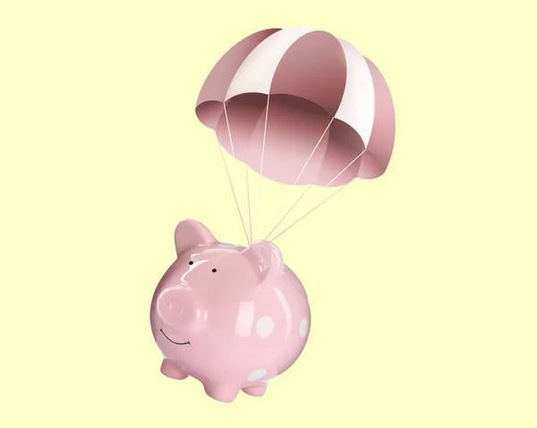 Pink Piggy Bank Parachute Flying Beige Background — 图库照片