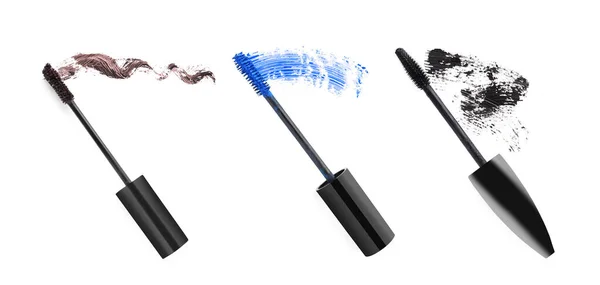 Set Different Brushes Mascara Strokes White Background Top View Banner — Stock fotografie