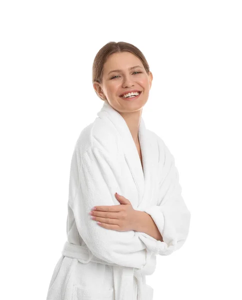 穿着白色背景浴衣的年轻女子 — 图库照片
