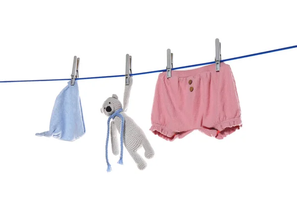 Baby Clothes Toy Bear Drying Laundry Line White Background — ストック写真