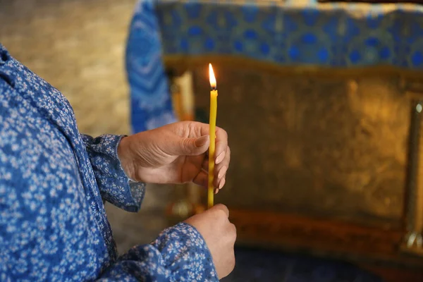 Mature Woman Holding Candle Church Closeup — 图库照片