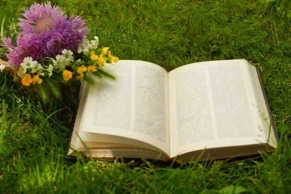 Open Book Beautiful Wildflowers Green Grass Outdoors — Stock Fotó