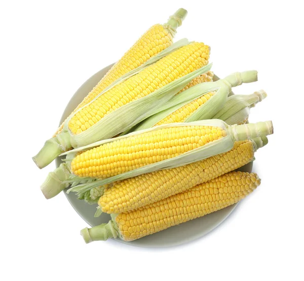 Corncobs Green Husks Isolated White Top View — 스톡 사진