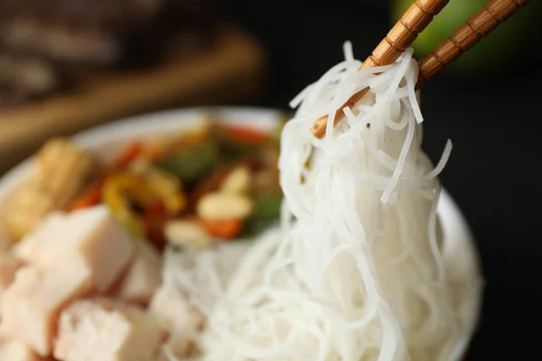 Chopsticks Tasty Cooked Rice Noodles Bowl Closeup Space Text — 스톡 사진