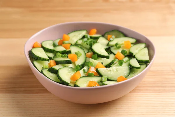 Tasty Fresh Salad Cucumber Bowl Wooden Table Closeup — Foto de Stock