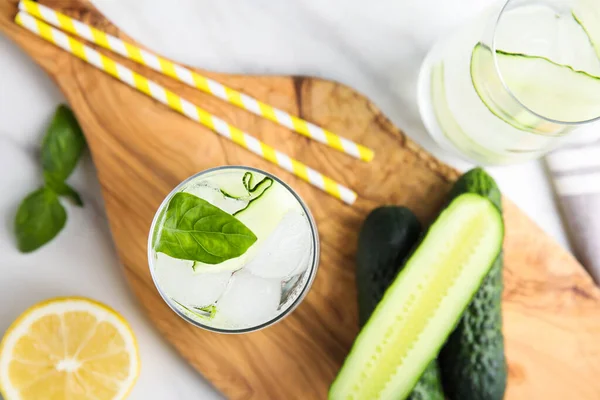Tasty Fresh Cucumber Water Sliced Lemon Basil White Table Flat — Stock Photo, Image