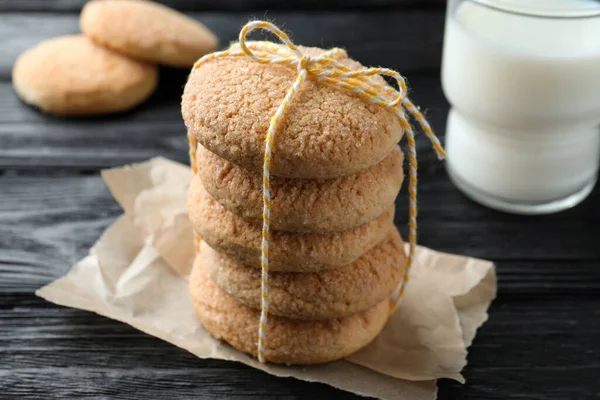 Delicious Sugar Cookies Glass Milk Black Wooden Table Closeup — Foto de Stock