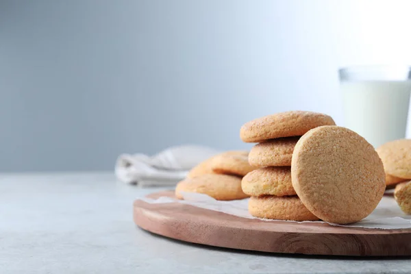 Many Tasty Sugar Cookies Light Grey Table Space Text — Foto de Stock