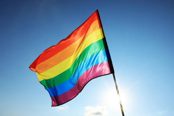 Bright Lgbt Flag Fluttering Blue Sky — Foto de Stock