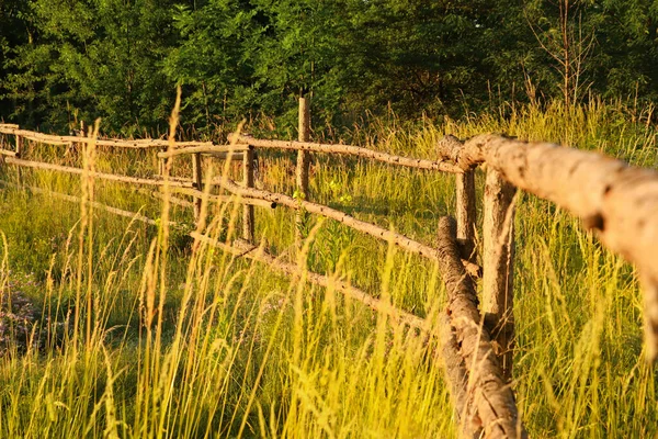 Picturesque View Countryside Wooden Fence Morning — Zdjęcie stockowe