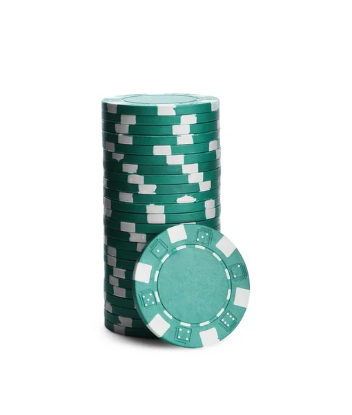 Πράσινο Μάρκες Καζίνο Στοιβάζονται Λευκό Φόντο Παιχνίδι Πόκερ — Φωτογραφία Αρχείου