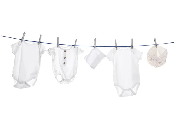 Different Baby Clothes Drying Laundry Line White Background — Photo