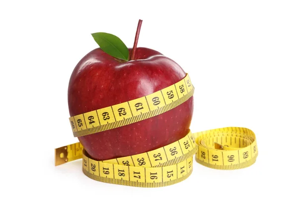 Fresh Ripe Red Apple Measuring Tape White Background — Photo