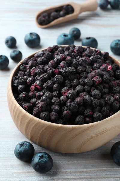 Freeze Dried Fresh Blueberries White Wooden Table Closeup — Stockfoto