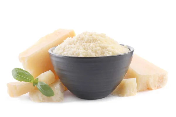 Delicious Grated Parmesan Cheese White Background — Stock Fotó