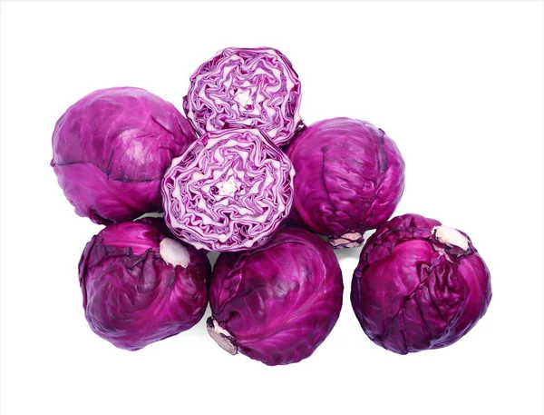 Whole Cut Red Cabbages White Background Top View — Stock Fotó