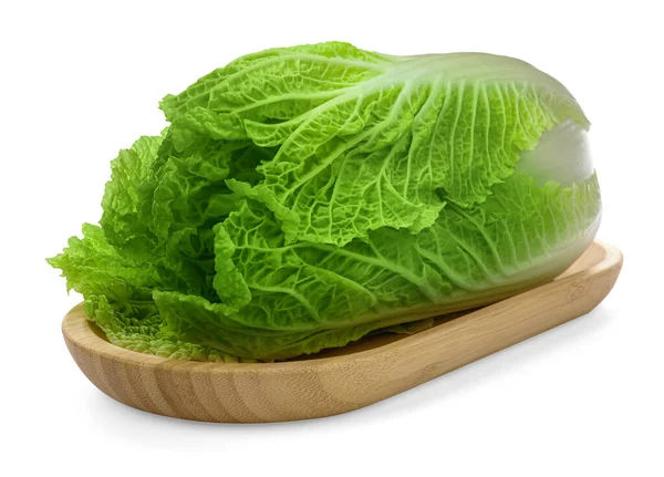 Fresh Tasty Chinese Cabbage Wooden Board Isolated White — 图库照片