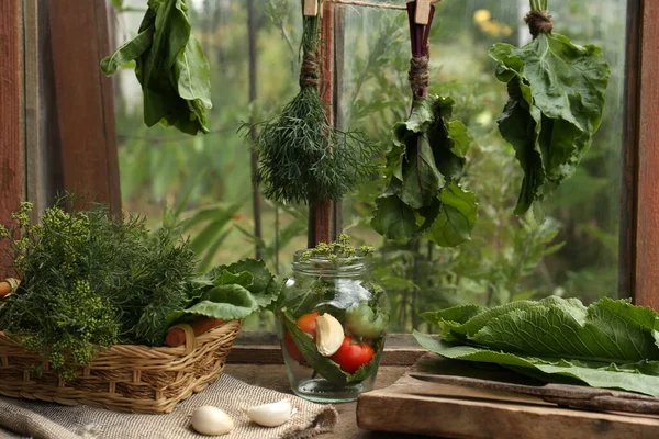 Bunches Fresh Green Herbs Table Ingredients Indoors — Stockfoto