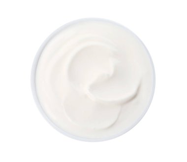 Bowl with delicious organic yogurt isolated on white, top view
