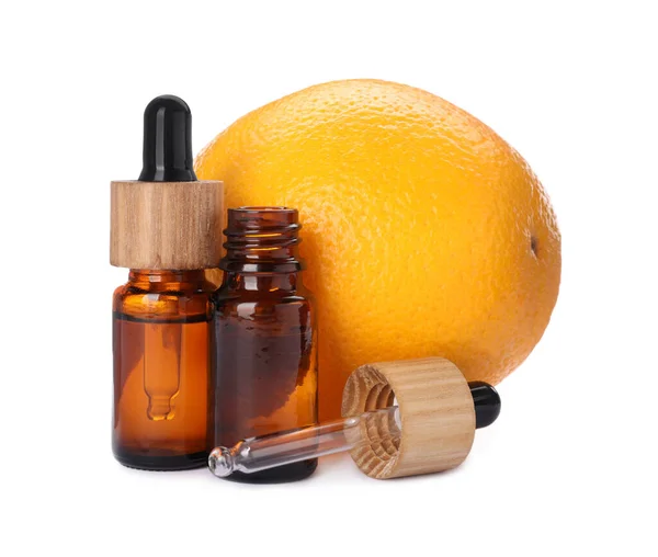 Bottles Citrus Essential Oil Fresh Orange Isolated White — Stok fotoğraf