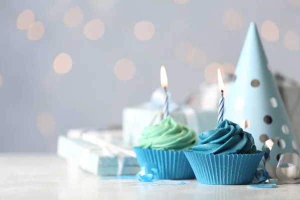 Delicious Birthday Cupcakes Cream Burning Candles White Table Space Text — Fotografia de Stock