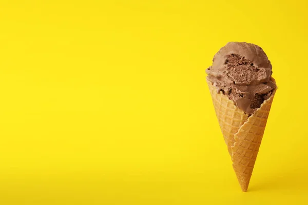 Delicious Chocolate Ice Cream Waffle Cone Yellow Background Space Text — Stock fotografie