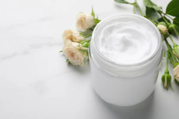Jar Hand Cream Roses White Marble Table Space Text — Foto de Stock