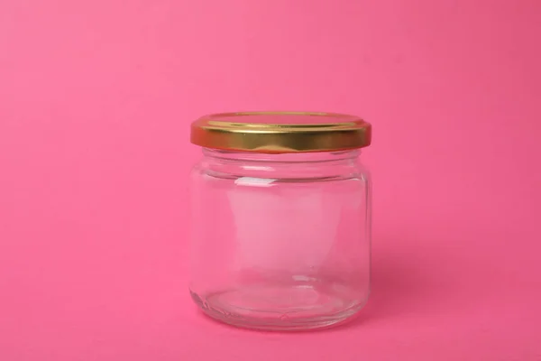 Closed Empty Glass Jar Pink Background — Fotografia de Stock