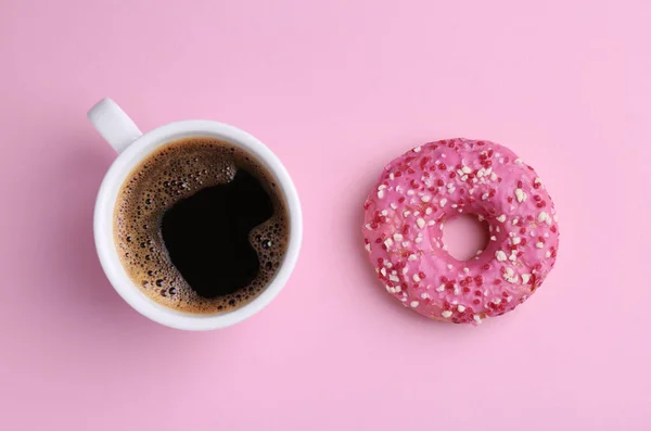 Tasty Donut Cup Coffee Pink Background Flat Lay — Foto de Stock