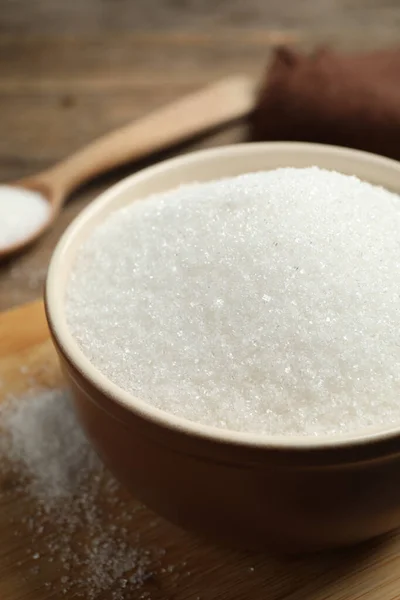 Granulated Sugar Bowl Wooden Table Closeup — Stockfoto