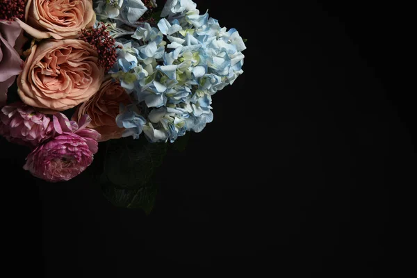 Beautiful Fresh Flowers Dark Background Space Text — Fotografia de Stock