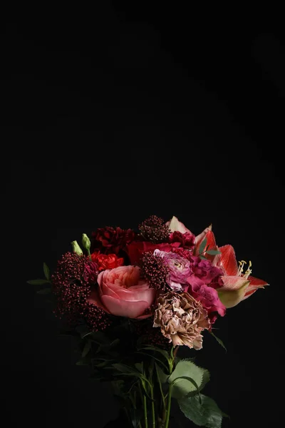 Beautiful Fresh Flowers Dark Background Space Text — Fotografia de Stock