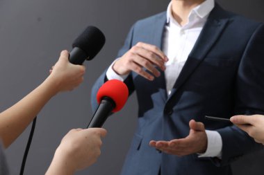 Profesyonel gazeteciler gri arka planda iş adamıyla röportaj yapıyor.