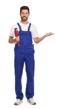 Professional plumber with pipe wrench on white background