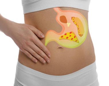 Woman with image of stomach full of junk food drawn on her belly against white background, closeup. Unhealthy eating habits
