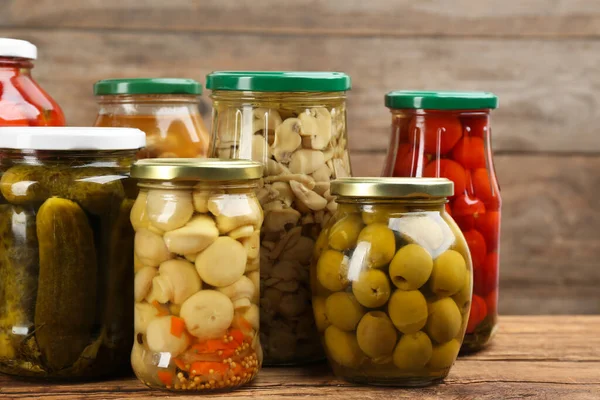 Jars Pickled Vegetables Wooden Table Closeup — Stock Photo, Image