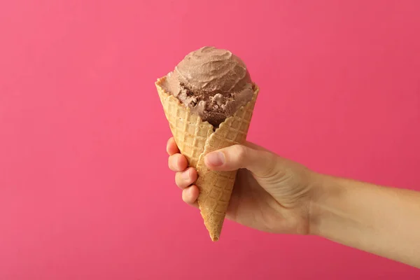 Woman Holding Waffle Cone Delicious Chocolate Ice Cream Pink Background — Stock Photo, Image