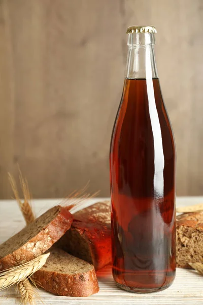 Bottle Delicious Fresh Kvass Spikelets Bread White Wooden Table — Stock Photo, Image