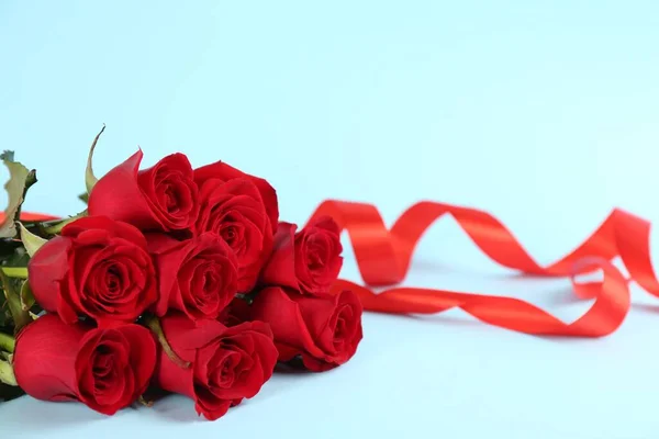 Beautiful Red Roses Ribbons Light Blue Background Space Text Valentine — Stock Photo, Image