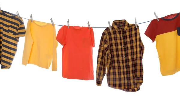 Different Bright Clothes Drying Washing Line White Background — 图库照片