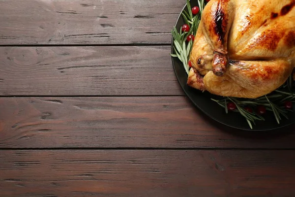 Delicioso Pavo Cocido Servido Sobre Mesa Madera Vista Superior Con — Foto de Stock