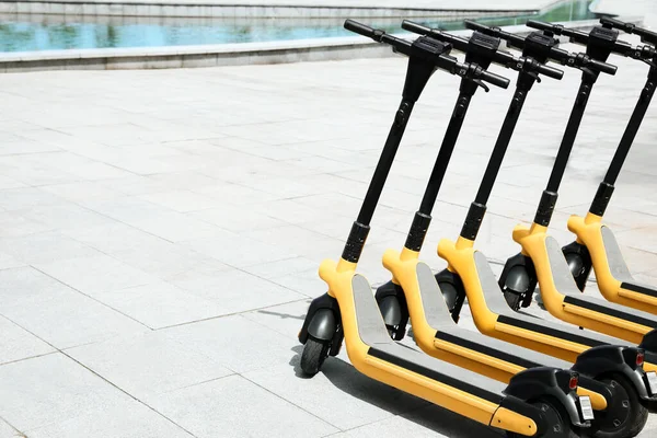 Many Modern Electric Scooters Outdoors Space Text Rental Service — Foto de Stock