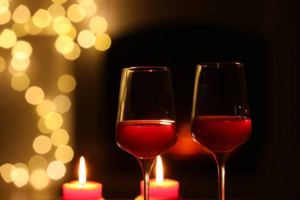 Glasses Wine Candles Blurred Lights Closeup Space Text Romantic Dinner — Stock Fotó