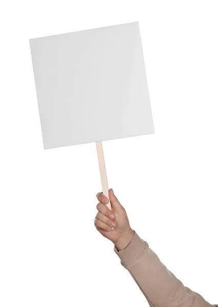 Man Holding Blank Protest Sign White Background Closeup — Zdjęcie stockowe