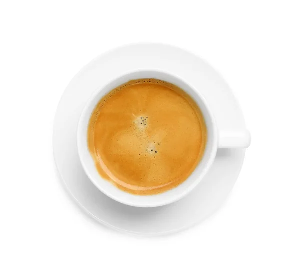 Чашка Горячего Кофе Блюдце Изолированы Белом Вид Сверху — стоковое фото